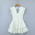 Ruffle-Sleeve Lace Embroidered Tiered Dress