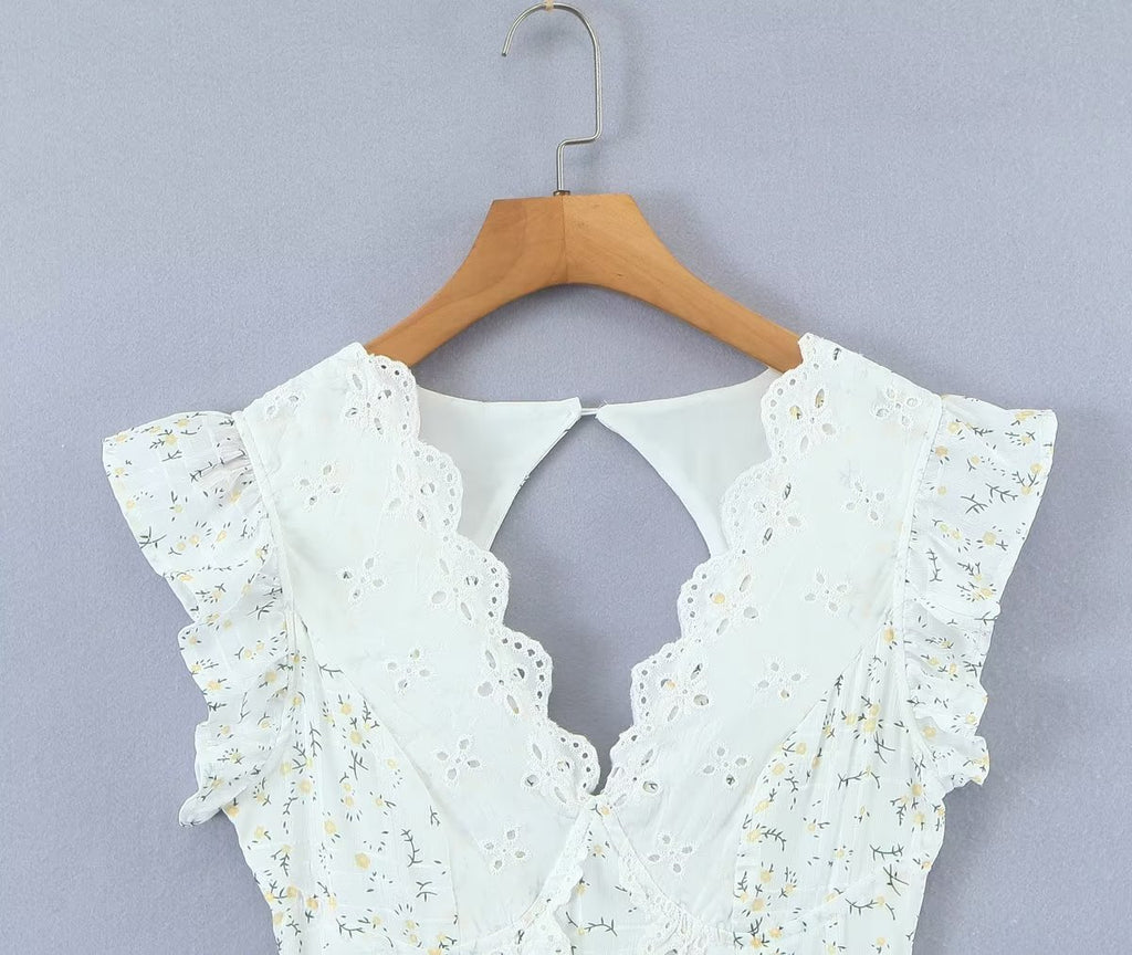 Ruffle-Sleeve Lace Embroidered Tiered Dress