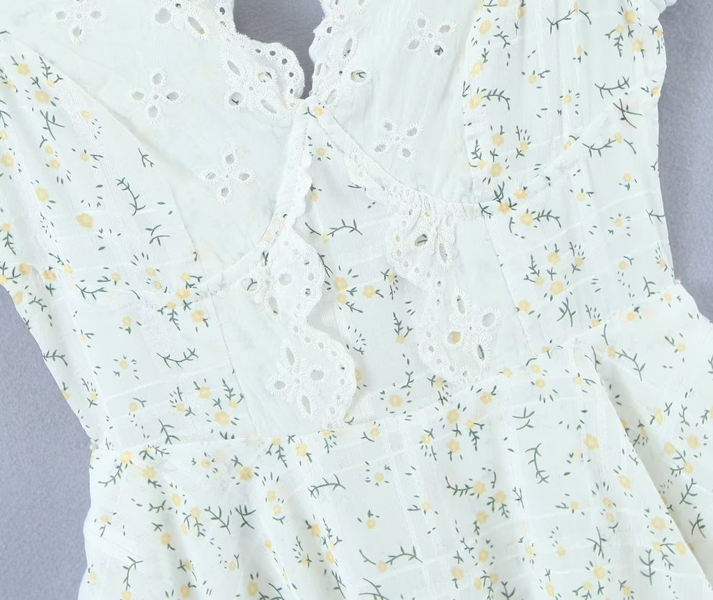 Ruffle-Sleeve Lace Embroidered Tiered Dress