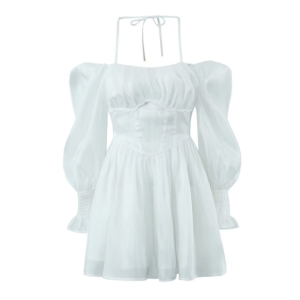Women's White Tulle Halter A-Line Mini Dress