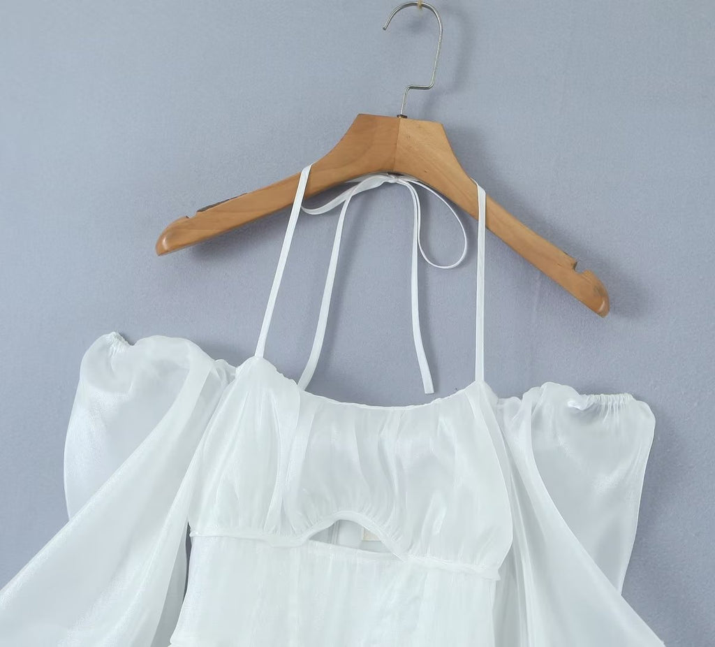 Women's White Tulle Halter A-Line Mini Dress