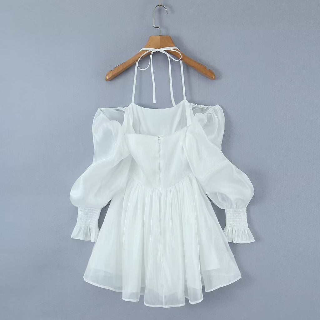 Women's White Tulle Halter A-Line Mini Dress
