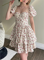 Pink Print Puff-Sleeve Waist Dress