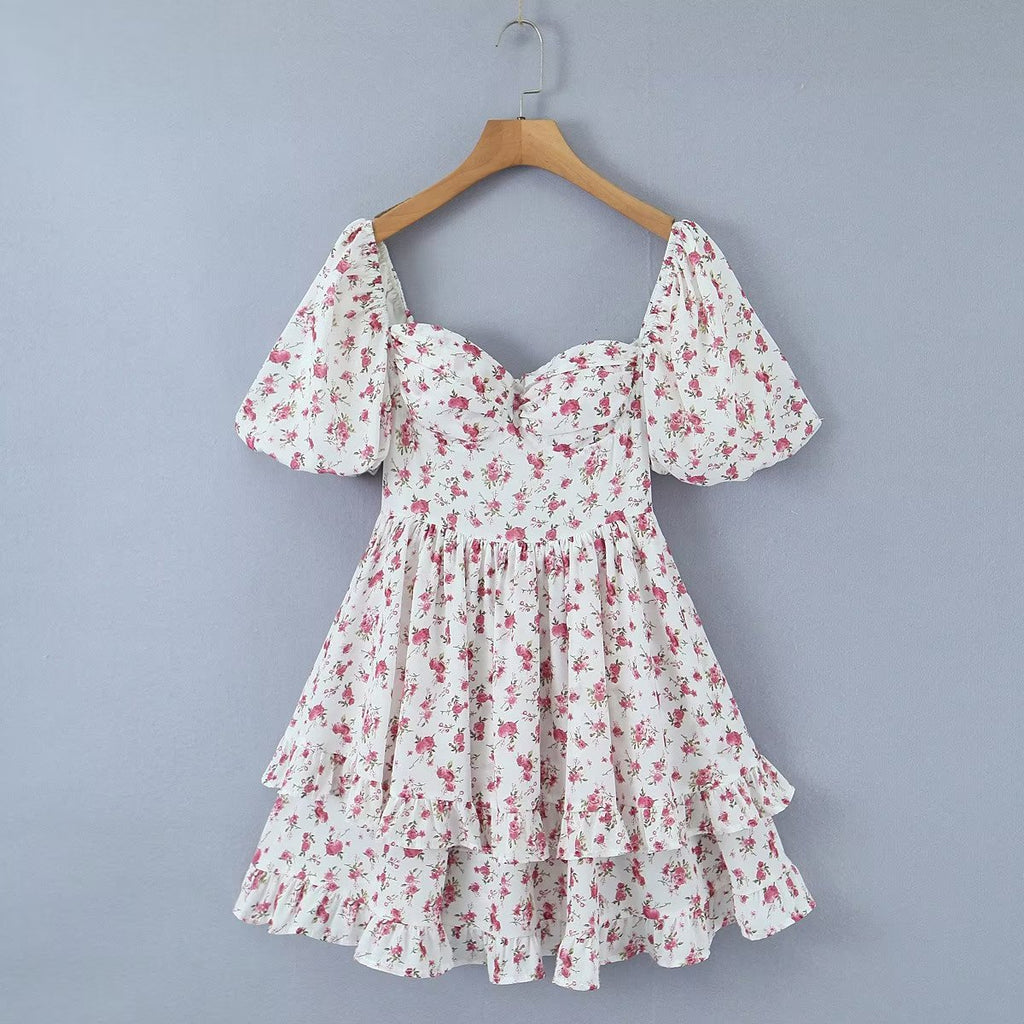 Pink Print Puff-Sleeve Waist Dress