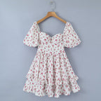 Pink Print Puff-Sleeve Waist Dress