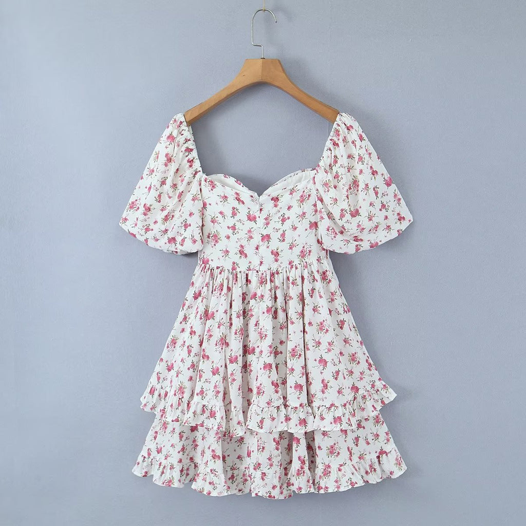 Pink Print Puff-Sleeve Waist Dress