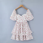 Pink Print Puff-Sleeve Waist Dress