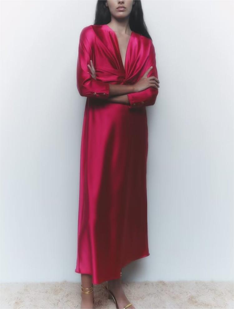 Fall V-Neck Silk Forged Texture Bow Tie Elastic Sleeve Dress