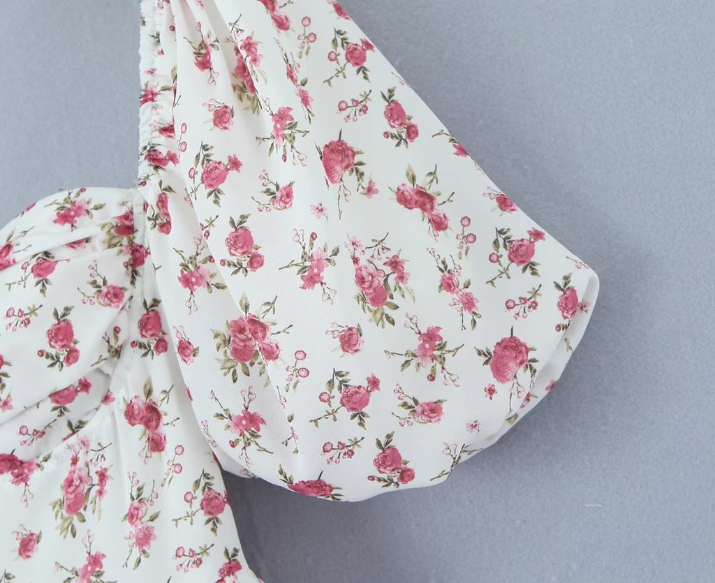Pink Print Puff-Sleeve Waist Dress
