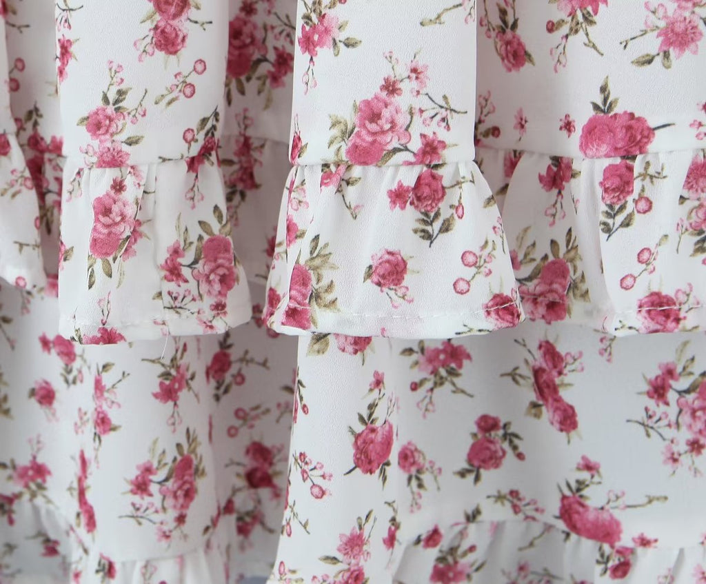 Pink Print Puff-Sleeve Waist Dress