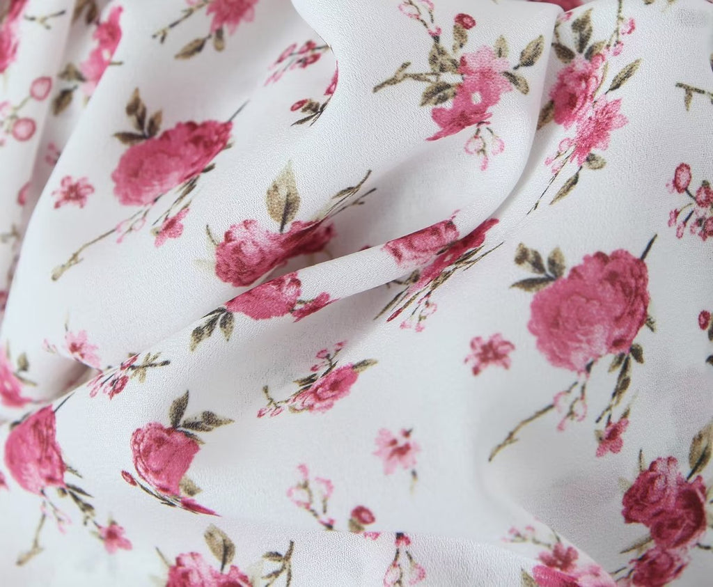 Pink Print Puff-Sleeve Waist Dress