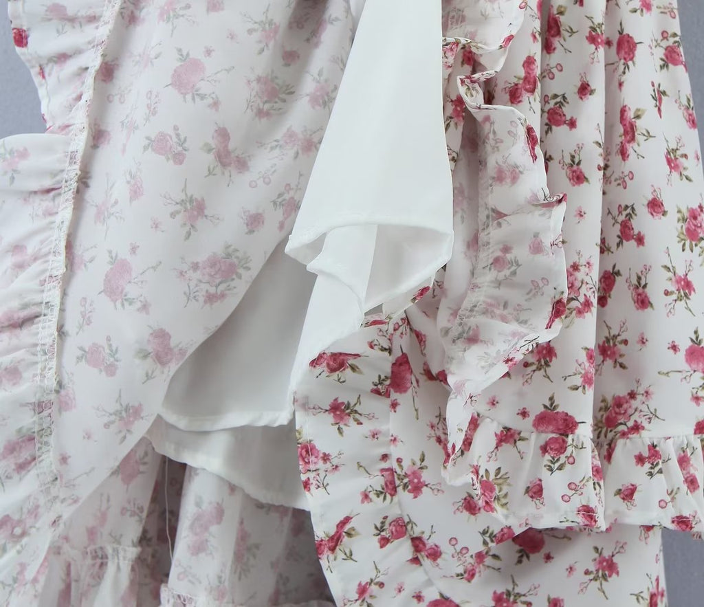Pink Print Puff-Sleeve Waist Dress