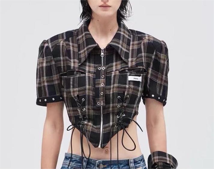 Women's Sexy Lace Up Shirt Women Clothing Trendy Zipper Waist Trimming Short Sleeved Shirt Crisscross