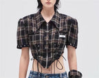 Women's Sexy Lace Up Shirt Women Clothing Trendy Zipper Waist Trimming Short Sleeved Shirt Crisscross