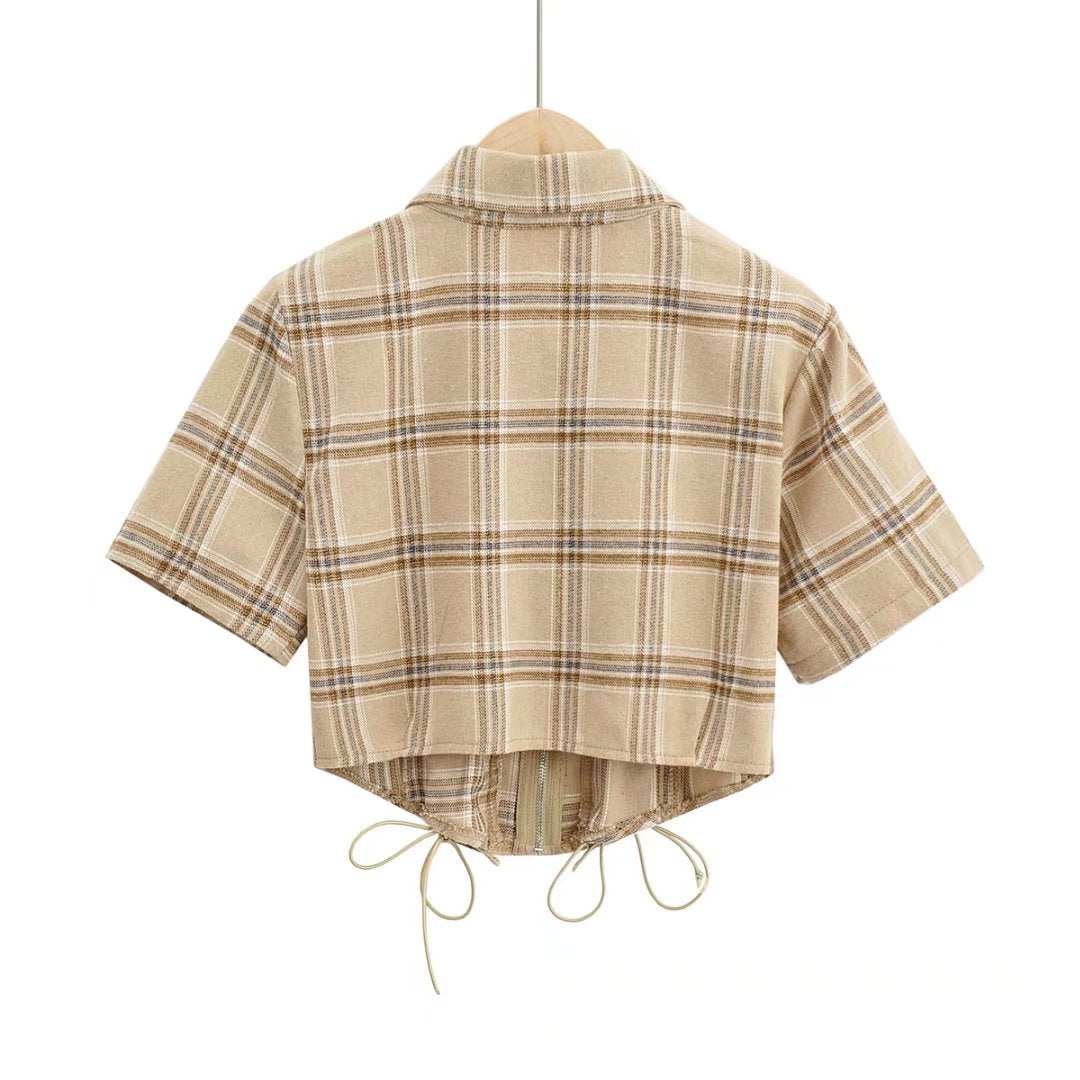 Women's Sexy Lace Up Shirt Women Clothing Trendy Zipper Waist Trimming Short Sleeved Shirt Crisscross