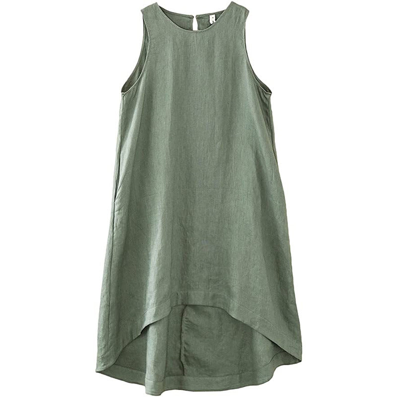 Pure Linen Vest Front Short Back Long Special Interest Design Cotton Linen Sleeveless Dress