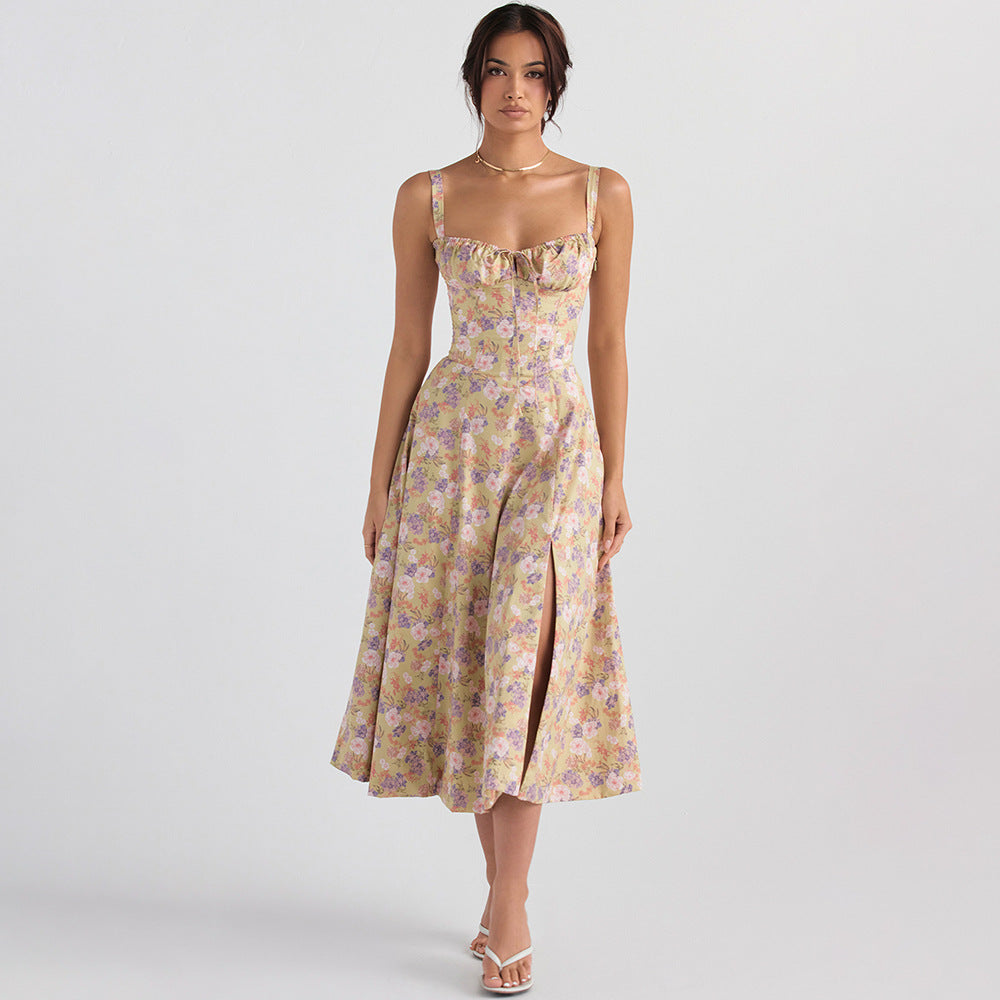 Women's Square-Neck Floral Tie Sleeveless Midi Dress