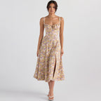 Women's Square-Neck Floral Tie Sleeveless Midi Dress