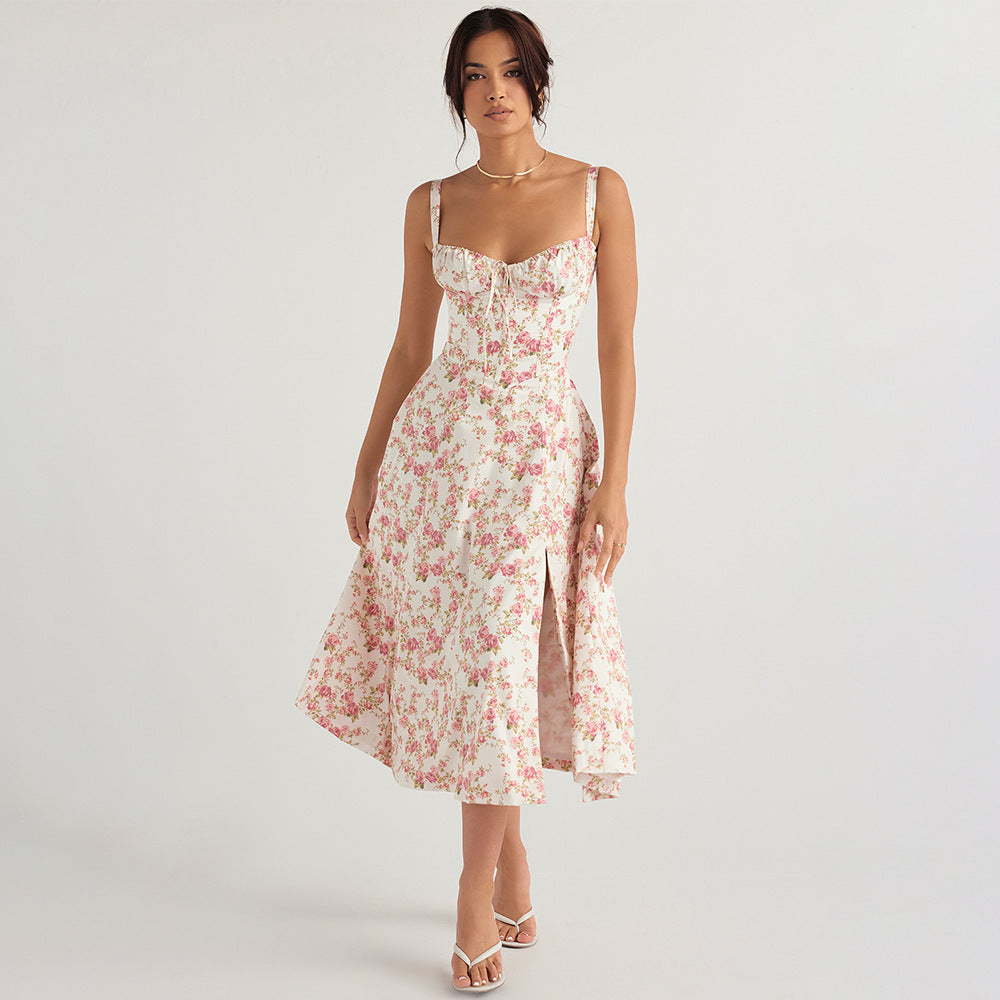 Women's Square-Neck Floral Tie Sleeveless Midi Dress