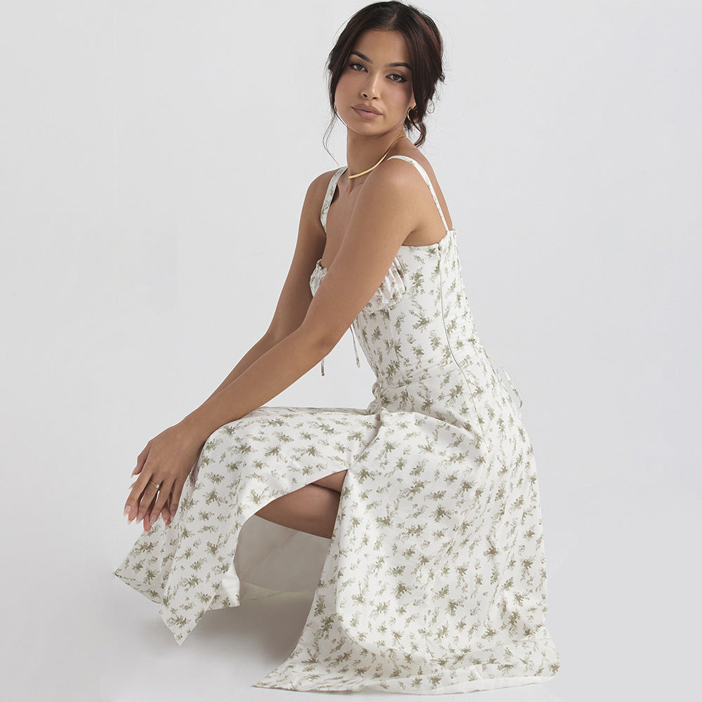 Women's Square-Neck Floral Tie Sleeveless Midi Dress