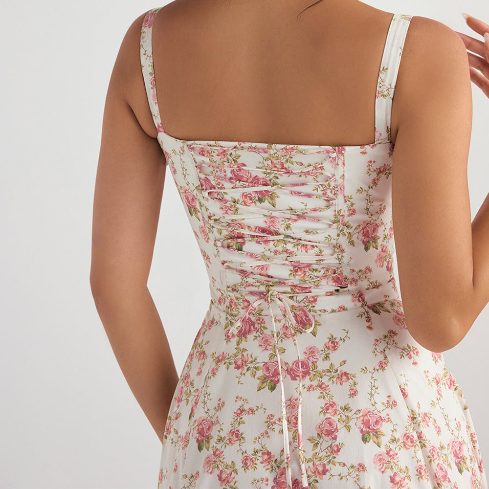 Women's Square-Neck Floral Tie Sleeveless Midi Dress