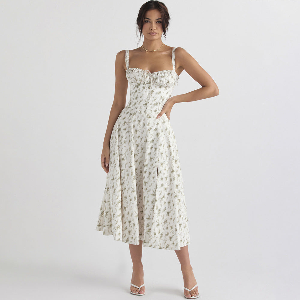 Women's Square-Neck Floral Tie Sleeveless Midi Dress