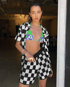 Summer Beach Chess Short-Sleeve Knitted Shirt Shorts Two-Piece Set