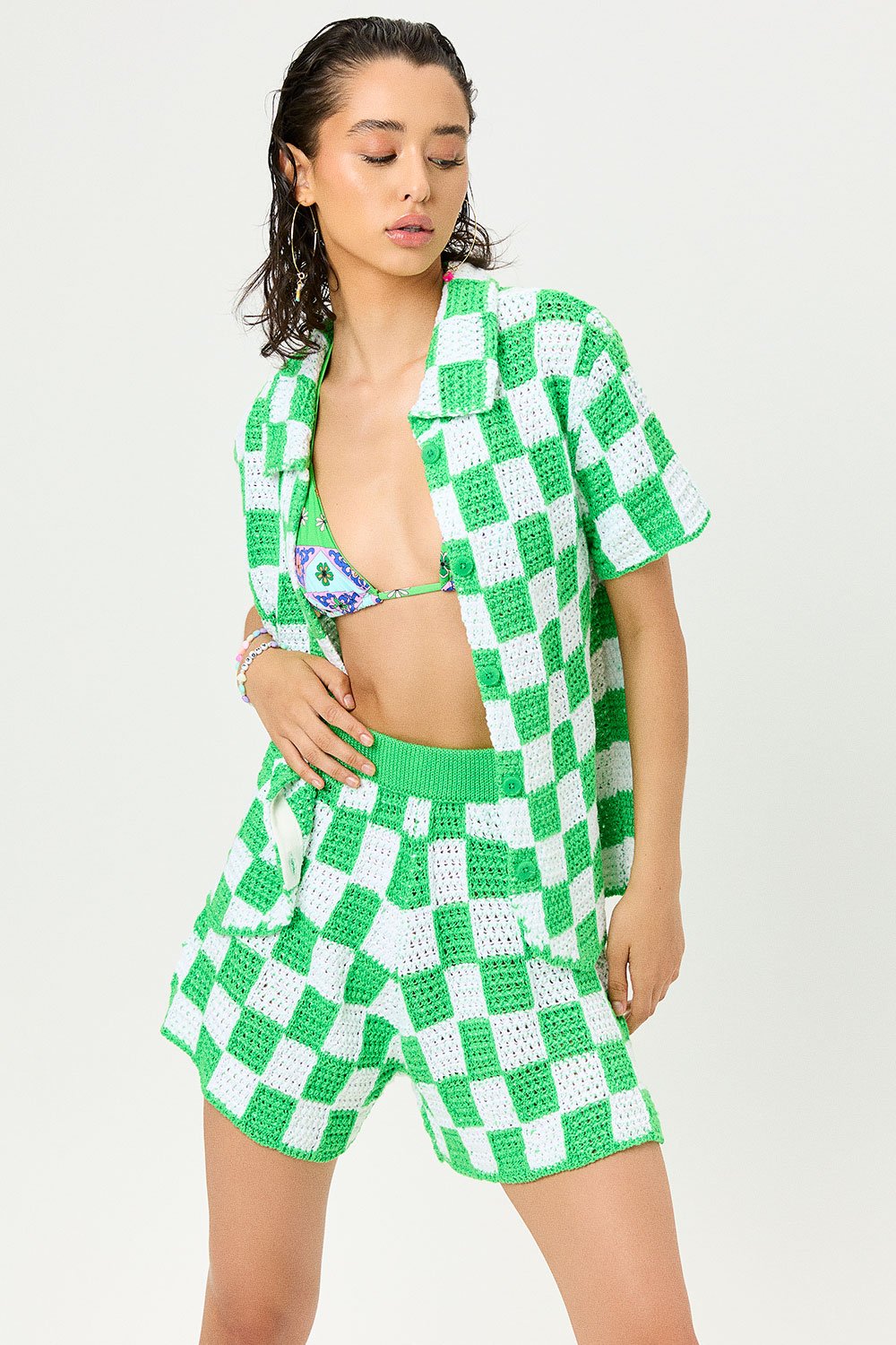Summer Beach Chess Short-Sleeve Knitted Shirt Shorts Two-Piece Set