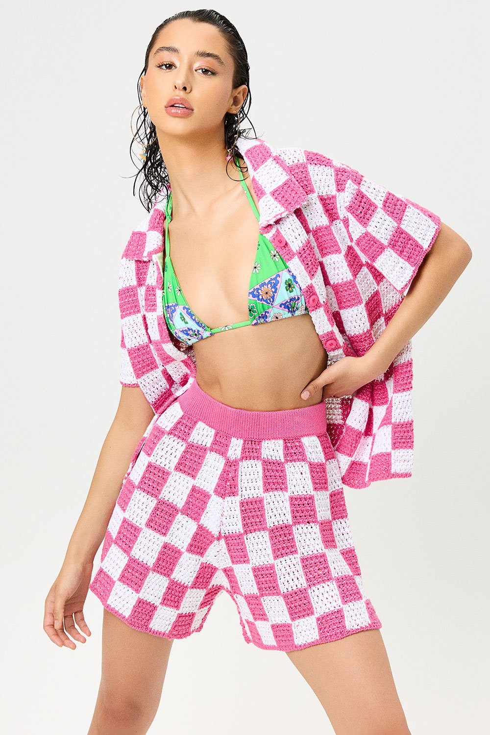 Summer Beach Chess Short-Sleeve Knitted Shirt Shorts Two-Piece Set