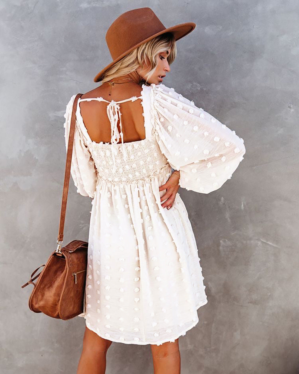 Women's Square Collar Chiffon Polka Dots Short Lantern Sleeve Dress