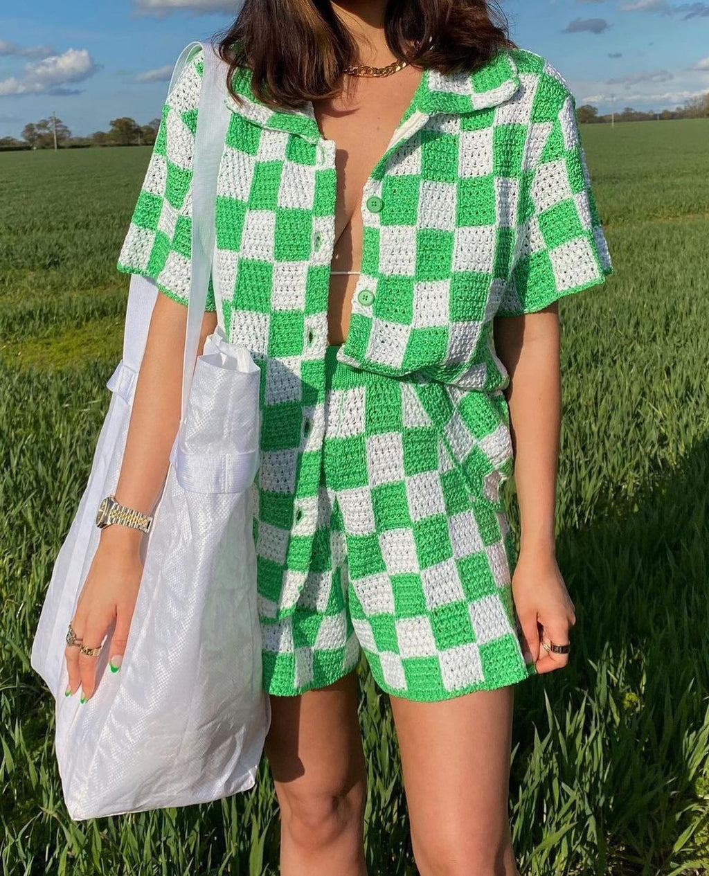 Summer Beach Chess Short-Sleeve Knitted Shirt Shorts Two-Piece Set