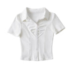 Women's Polo Collar Pleated Half Cardigan Crop Short Sleeve T-Shirt