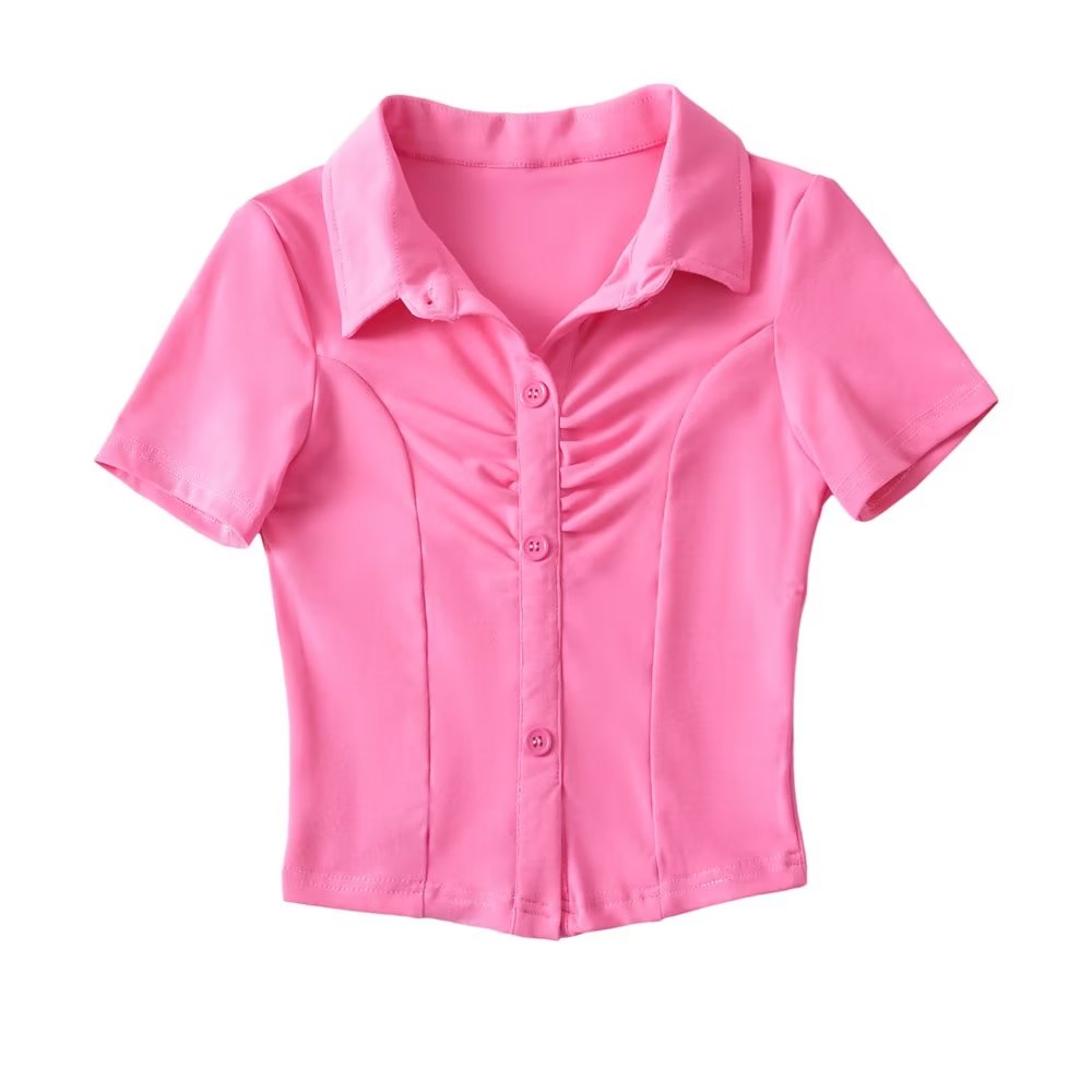 Women's Polo Collar Pleated Half Cardigan Crop Short Sleeve T-Shirt