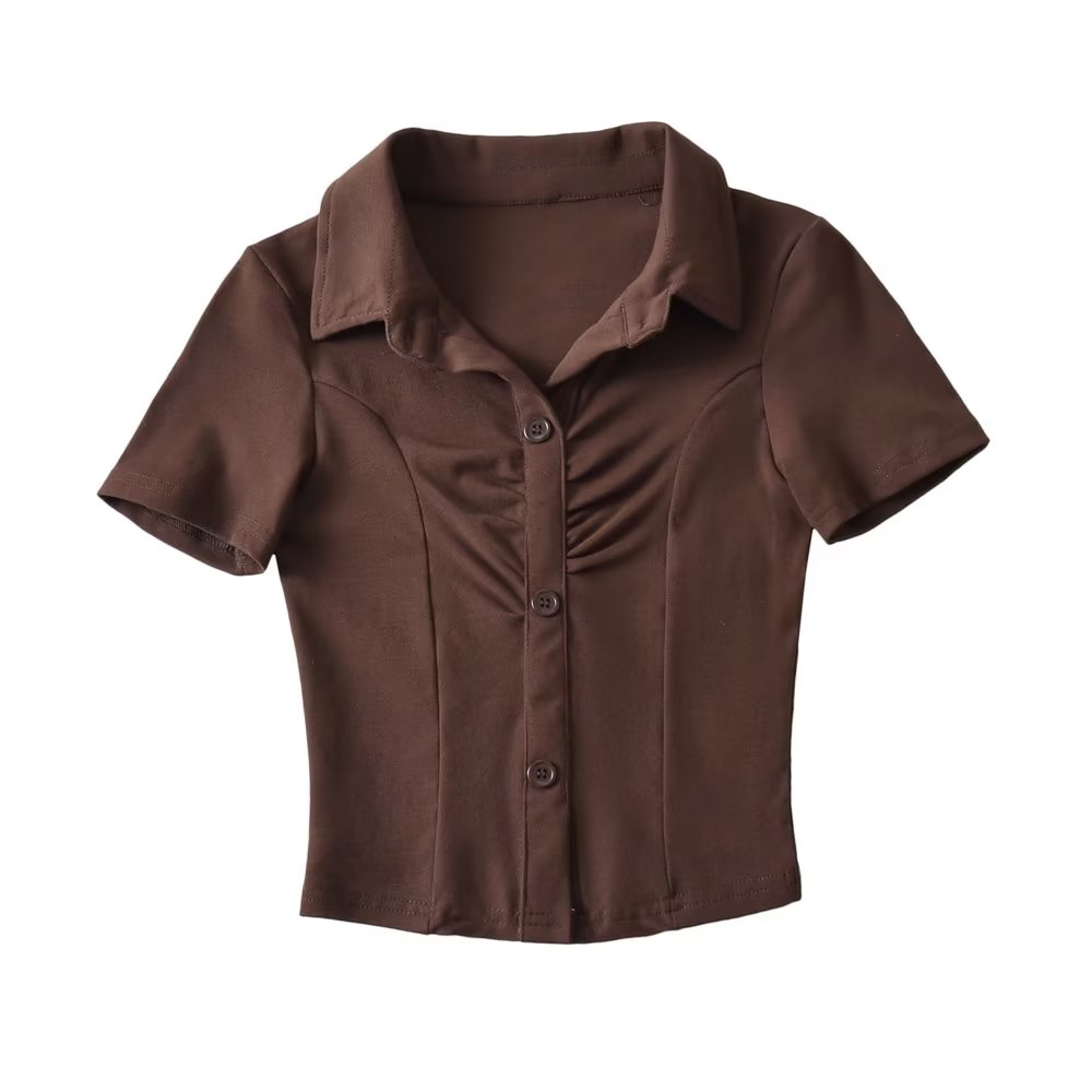 Women's Polo Collar Pleated Half Cardigan Crop Short Sleeve T-Shirt