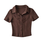 Women's Polo Collar Pleated Half Cardigan Crop Short Sleeve T-Shirt