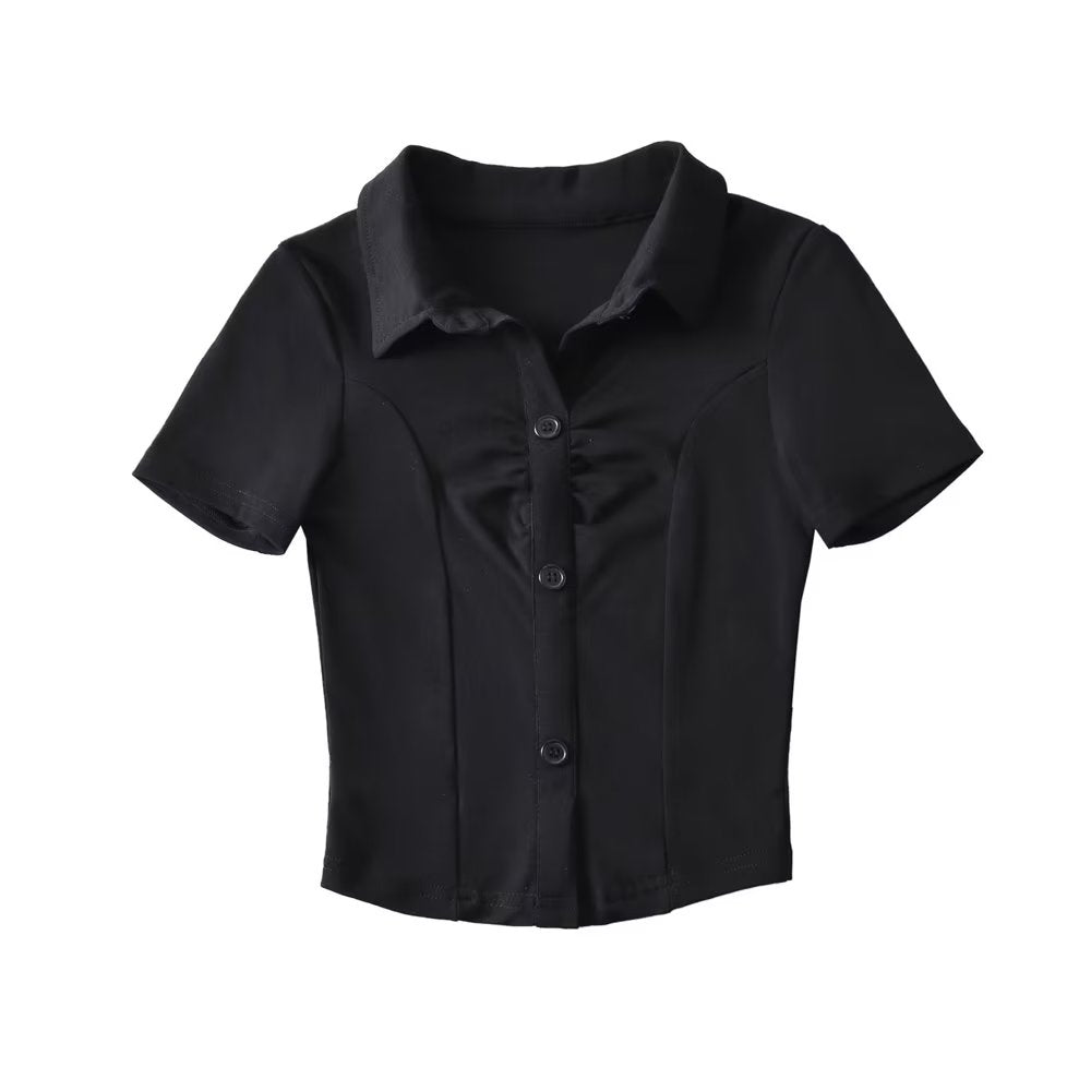Women's Polo Collar Pleated Half Cardigan Crop Short Sleeve T-Shirt