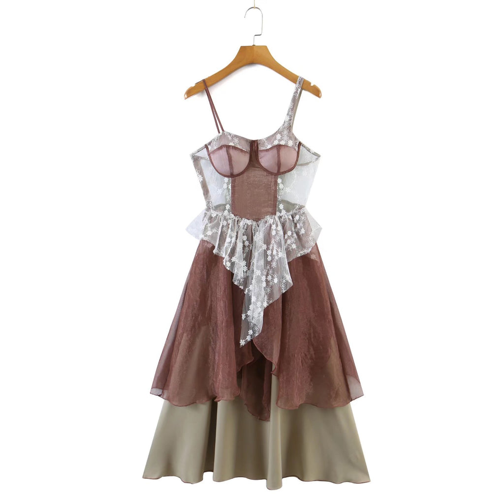 Design Chest Pad Lace Edge Cascading Holiday Summer Trendy Dress