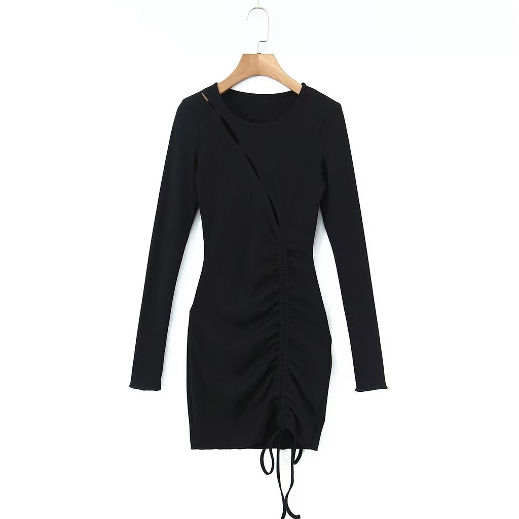 Women's Black Drawstring Cutout Knit Bodycon Dress