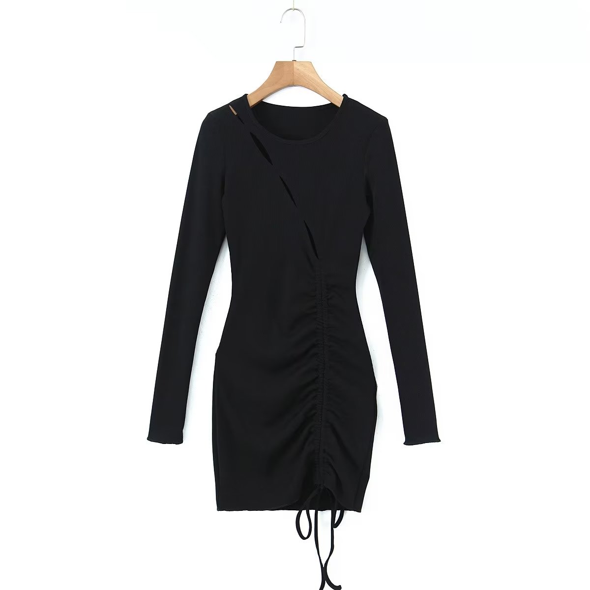 Women's Black Drawstring Cutout Knit Bodycon Dress