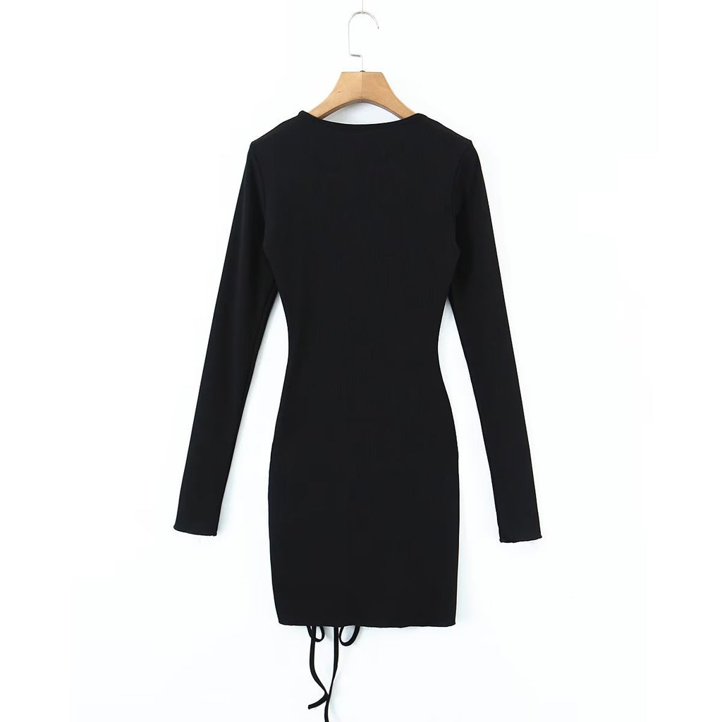 Women's Black Drawstring Cutout Knit Bodycon Dress