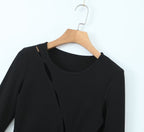 Women's Black Drawstring Cutout Knit Bodycon Dress
