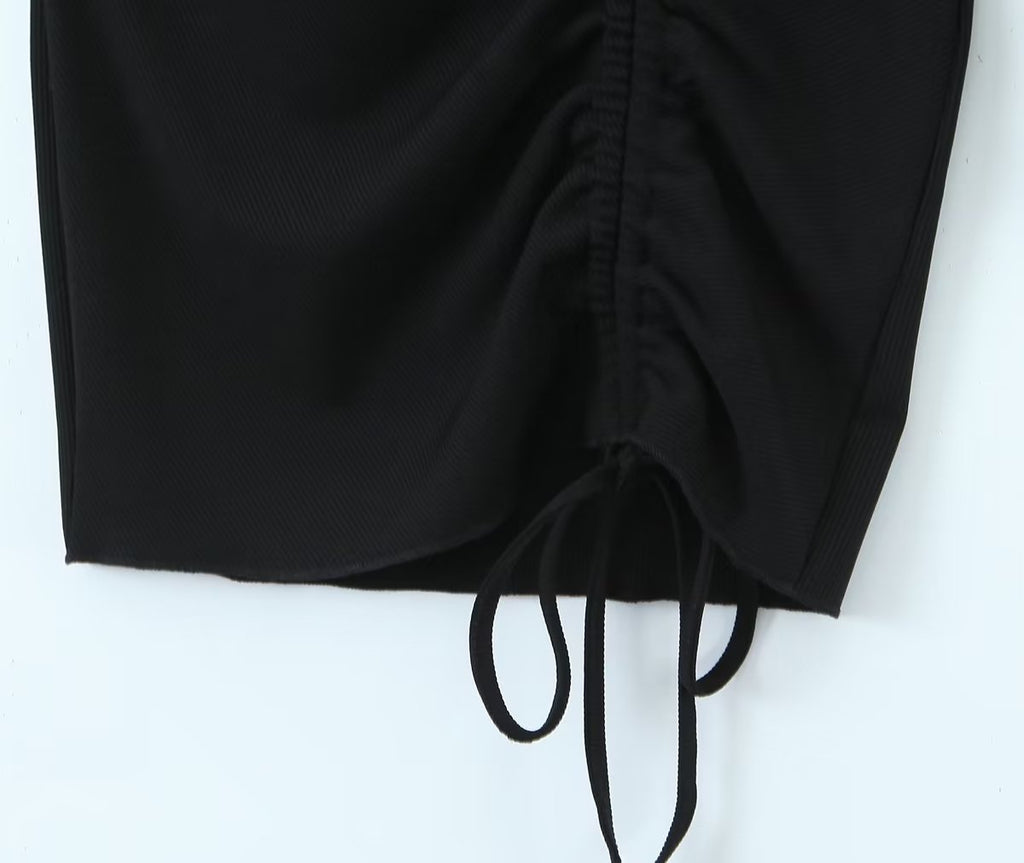 Women's Black Drawstring Cutout Knit Bodycon Dress