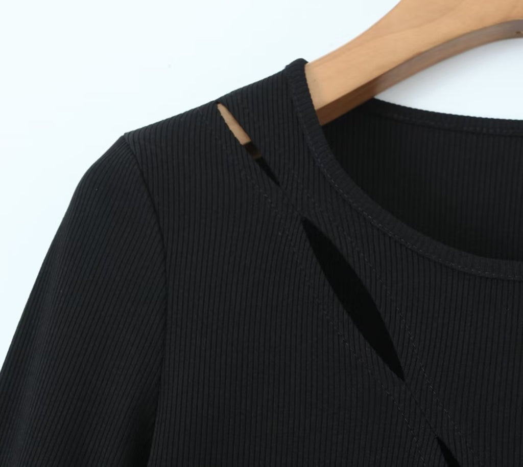 Women's Black Drawstring Cutout Knit Bodycon Dress