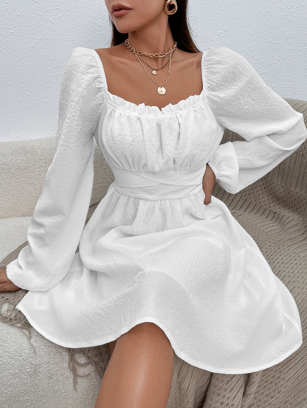 Women's Ruffle-Trim Square-Neck Lantern-Sleeve Dress