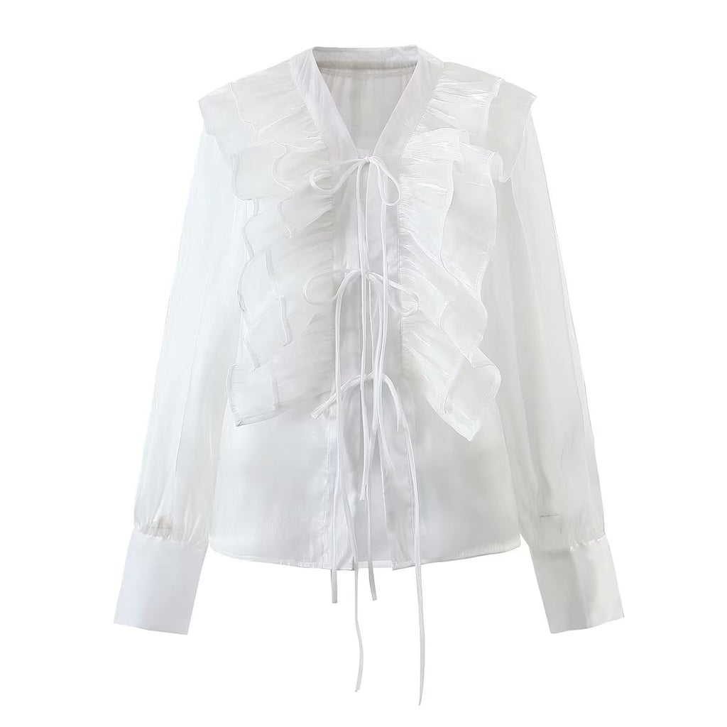 Loose Ruffle Tie Waist V-Neck Blouse