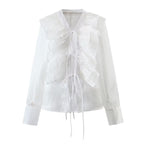 Loose Ruffle Tie Waist V-Neck Blouse