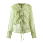 Loose Ruffle Tie Waist V-Neck Blouse
