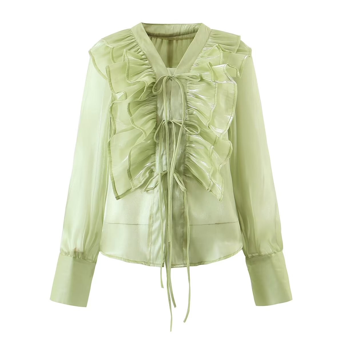 Loose Ruffle Tie Waist V-Neck Blouse