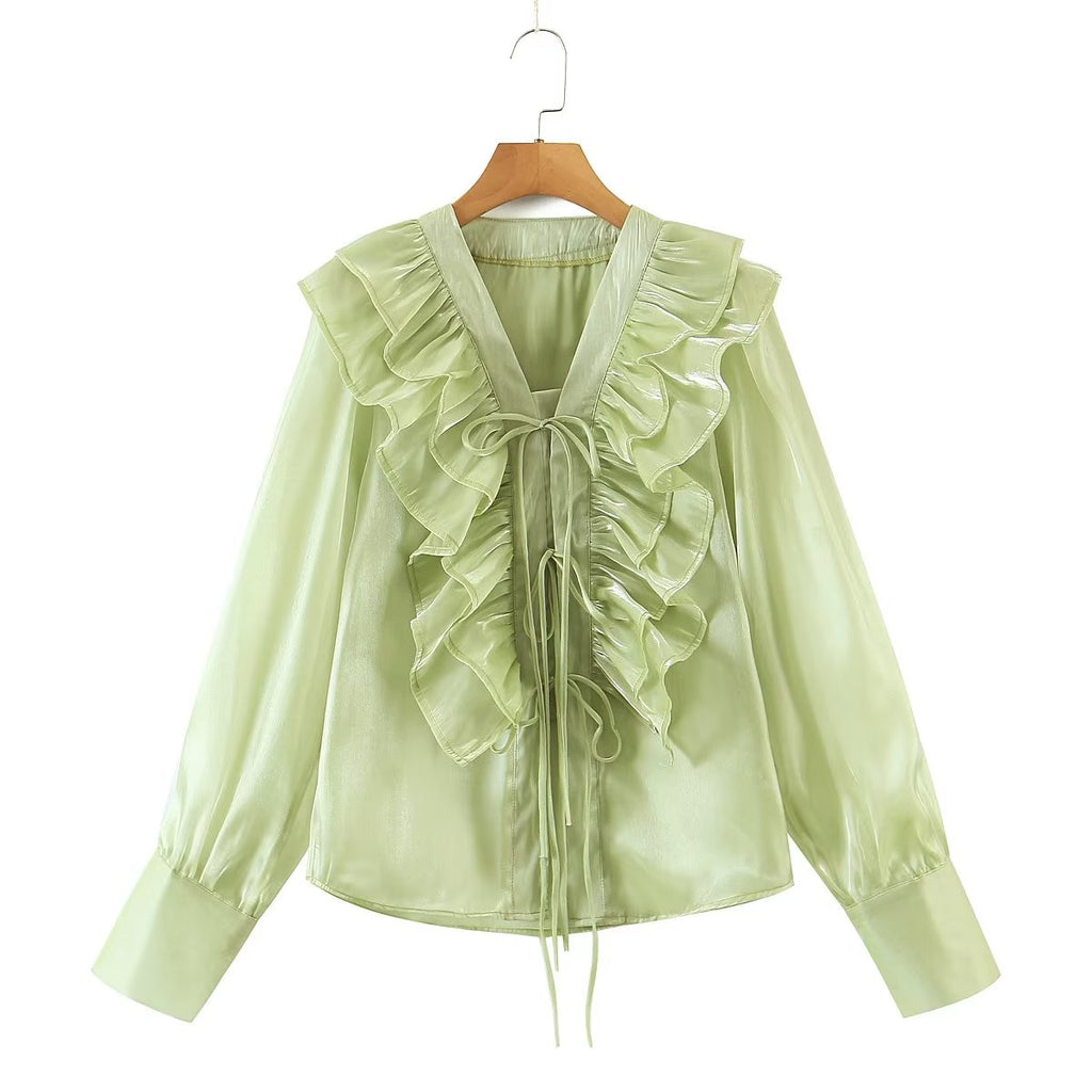 Loose Ruffle Tie Waist V-Neck Blouse