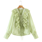 Loose Ruffle Tie Waist V-Neck Blouse